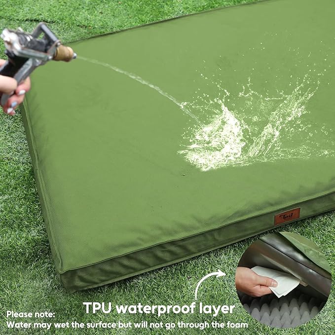 Outdoor Orthopedic Dog Bed for Extra Large Dogs, XL Waterproof Flat Pet Bed 44x32 Inch, Egg Crate Foam with Removable Washable Oxford Cooling Cover, Light Green
