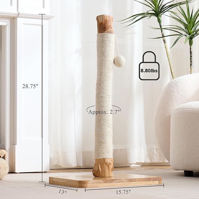 29" Tall Cat Scratching Post with Sisal Scratcher, Extra-Stable & Natural Solid Rubber Wood Base, Hanging Ball Toy for Indoor Cats Adults & Kittens, White