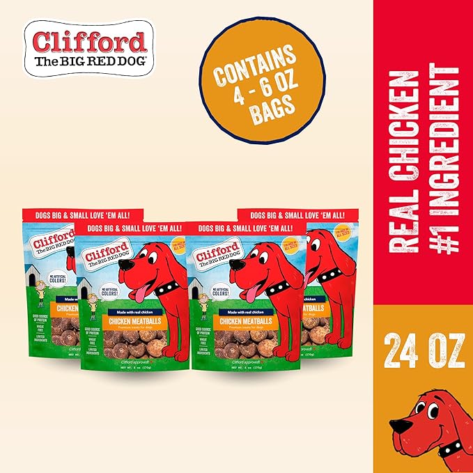 Clifford The Big Red Dog Soft Training Treats for Puppies and Dogs – Healthy, High Protein, Grain Free, Soft Puppy Treats for Small Dogs and Large – Real Chicken Mini Meatballs – 24oz