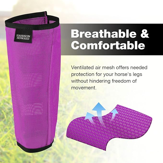 Harrison Howard Loose Fitting Fly Boots UV-Protective Extra Tough Mesh Ventilated Four Fasteners Stay-on Design Protect Horse Legs & Stomp-Reducing Set of 4 Purple Yearling