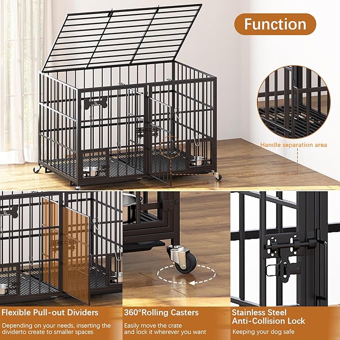 Dosker 42 inch Heavy Duty Metal Dog Crate Cage with Divider for 2 Dogs/Large Dog,All Metal Open Top Escape Proof Cage,Dog Kennel Indoor with Wheels,Floor Grid,Tray,Feeding Bowl