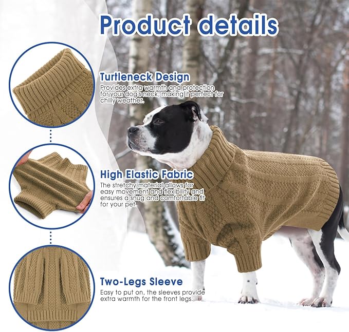 Queenmore Dog Sweater Large Size Dog, Large Dogs Sweaters Xmas,Turtleneck Pullover Pet Sweaters for Dogs Girls Boys,Sweater Pet L,Thanksgiving Knitted Doggy Sweater for French Bulldog(Camel,L)