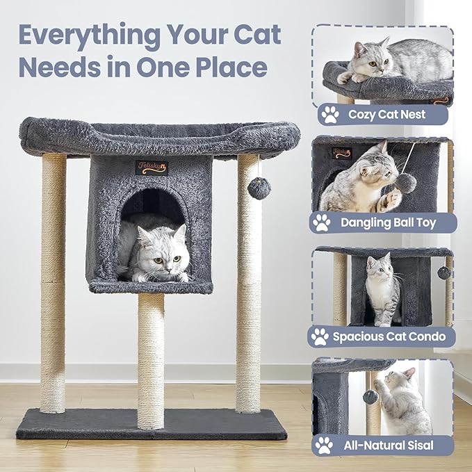 Small Cat Tree Tower for Indoor Large Cats, Cat Scratching Post with Big Perch Bed, 28in Tall Trees House with Condo Cave, Toy Balls, Modern Climbing Furniture Big Platform for Kitten (Dark Gray)