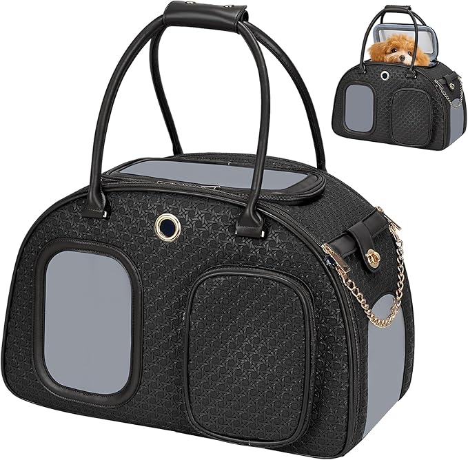 Stylish Luxury Dog Carrier Purse for Small Dogs, Ventilated Pet Soft-Sided Dog Cat Carrier Travel Tote Bag for Puppies Small Animals with Pockets (Black, 16.9inch x 9inch x 11.8inch(LxWxH))