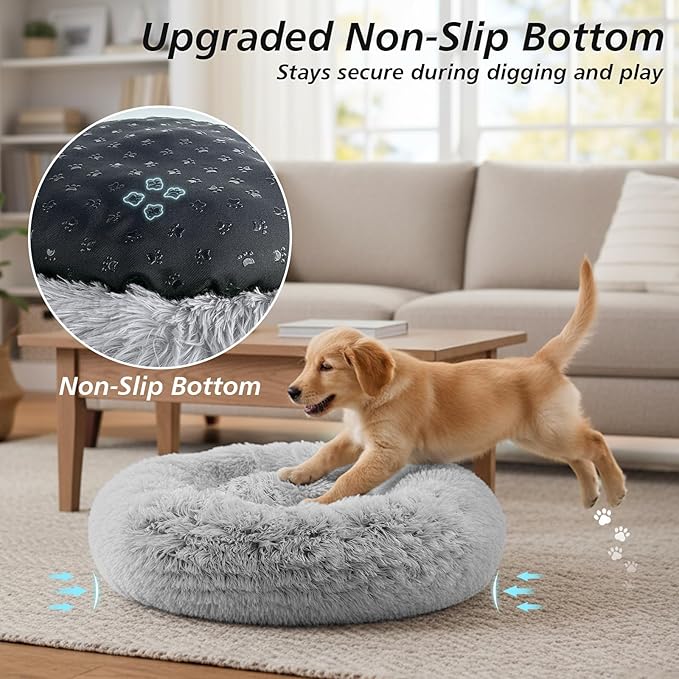 JOLLYVOGUE Small Dog & Cat Beds for Indoor Cats, Donut Cuddler Warming Soft Dog Beds with Anti-Slip Bottom, Round Calming Fluffy Plush Faux Fur Cushion Bed for Small Medium Dogs (20", Smoke Grey)