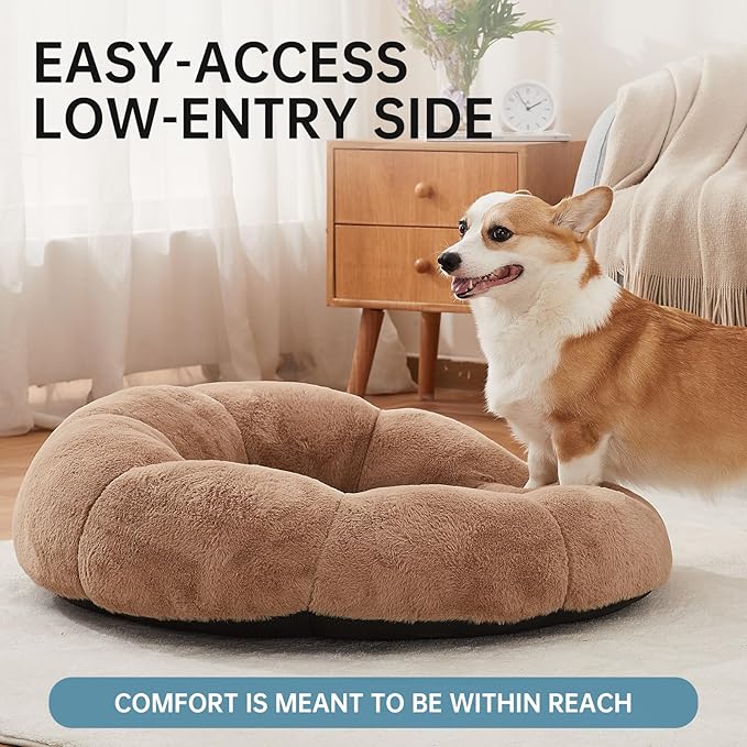 OhGeni 31 inches Calming Donut Orthopedic Dog & Cat Bed for Medium Pets, Warming Comfort Fluffy Short Pile Fur, Durable Waterproof Machine Washable Removable Cover, Cute Round Bed for Puppy, Camel