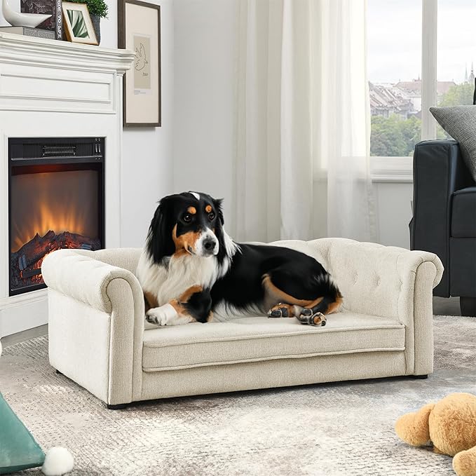 Dog Sofa Couch for Medium Dogs, 31" Memory Foam Dog Couch with Washable Fabric, Removable Cushion, Sofa Bed for Medium Dogs, Beige