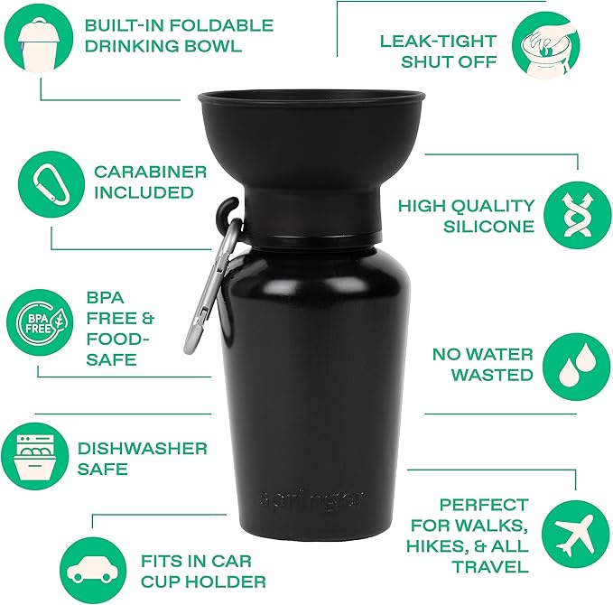 Springer by Springland Flip Portable Dog Water Bottle with Foldable Food Grade Silicone Bowl - 20 Ounce Travel Dog Water Bottle Ideal for Camping - Easy Squeeze Hydration & Release to Drain