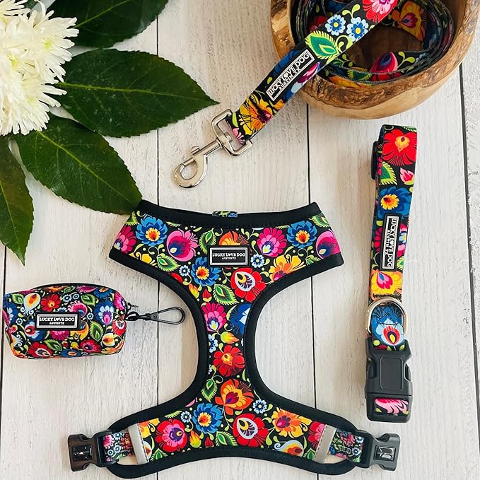 Lucky Love Dog, Soft Reversible Harness Vests, Vivid Floral Dog Vest Harness for Small Female Dogs, Stylish Dog Accessory, (Blackbird, Small)