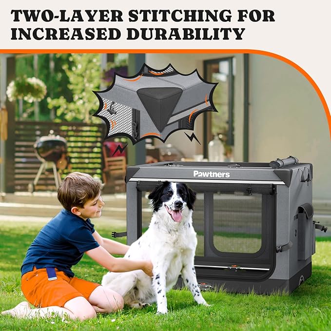 Collapsible Dog Crate: 38 Inch Foldable Soft Sided Dog Crate for Large Dogs, Portable Dog Travel Kennel with Soft Mat for Indoors & Outdoors, Grey