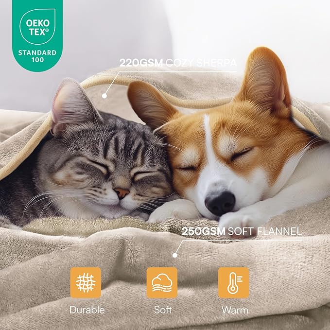 Luciphia Waterproof Pet Blanket, Liquid Pee Proof Dog Blanket for Sofa Bed Couch, Reversible Sherpa Fleece Furniture Protector Cover for Small Medium Large Dogs Cats, Khaki+Beige Large（65" x 57"）