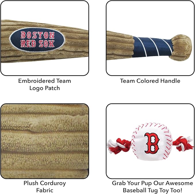 MLB Boston Red Sox Baseball Bat Toy for DOGS & CATS. Soft Corduroy Plush Dog Toy with Inner SQUEAKER, MLB Chew Toys for Dogs or Cats. Durable Fun Interactive Dog Toy with Team Names and Logo