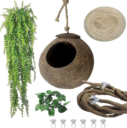 Crested Gecko Coconut Hide Natural Lizard Coco Hut Reptile Hanging Nest Flexible Vine Habitat Decoration Bearded Dragon Terrarium Accessories for Chameleon Tree Frog Snake Hermit Crab