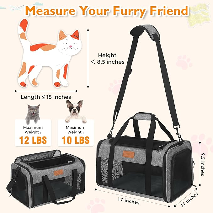 PETUX TSA Approved Pet Carrier in Cabin - 17"x11"x9.5", Underseat, Soft Sided Cat Carriers with Safety Zippers and Anti-Scratch Mesh for Small Cat up to 12 lb, Ideal for Travel and Vet Visit, Grey