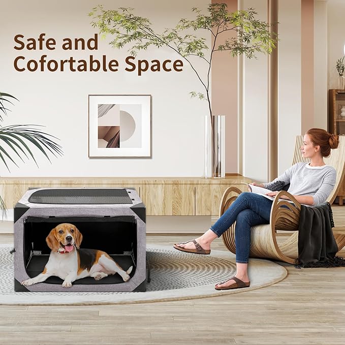 Dog Crate,30x21x21 Inch Large Dog Crate for Large or Medium Dogs, Portable and Foldable Design of Dog Cage, Perfect for Travel or Home Use, Dog Kennel with 3-Door and Durable Mesh Windows, Light Grey
