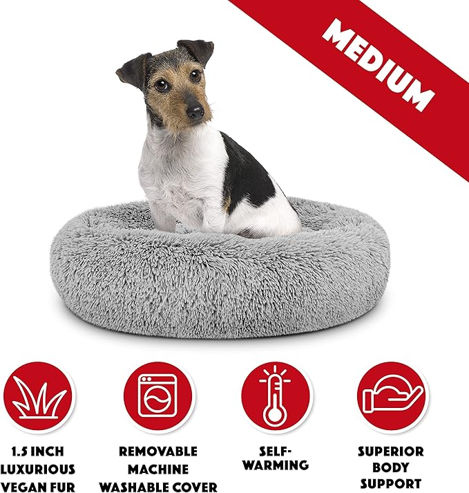 The Dog’s Bed Sound Sleep Donut Dog Bed, Med Silver Grey Fur Calming Nest Bed