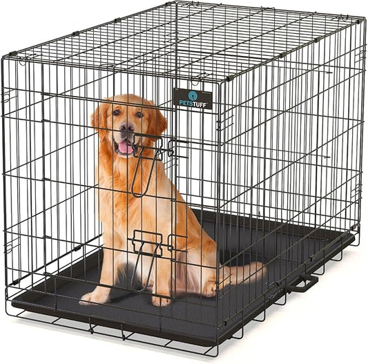 PetsTuff Great CRATES 42” X-Large Dog Crate - Heavy-Duty Dog Kennel with Divider Panel for Pets 65-85lbs - Durable Leaf-Proof Tray - Foldable, Carry Handle & Wheels for Easy Moving