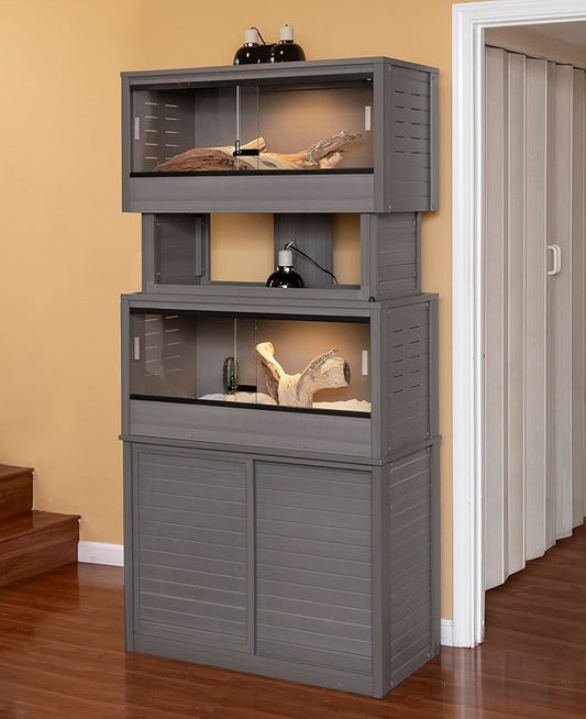 New Age Pet ECOFLEX Two Medium Reptile Enclosures with Matching Stacker and Cabinet Stand Set in Grey