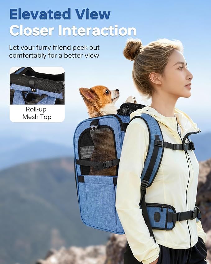 Hiking Dog Carrier Backpack, Adjustable Waist Cushioning Belt with Breathable Padded Back Support, Dog Carrier for Hiking with 5 Pockets, Dog Carrier Backpack for Small Dogs Max 13LB Blue