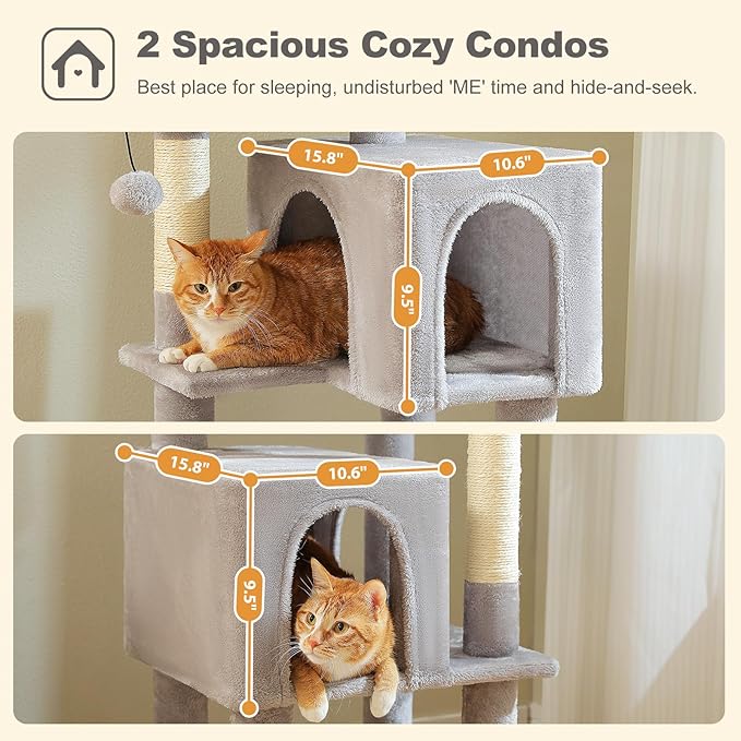62" Cat Tree for Indoor Cats, Multi-Level Cat Tower with 2 Spacious Condos, Dual Top Perches, Scratching Pad, 4 Scratching Posts, 2 Pompoms, Grey