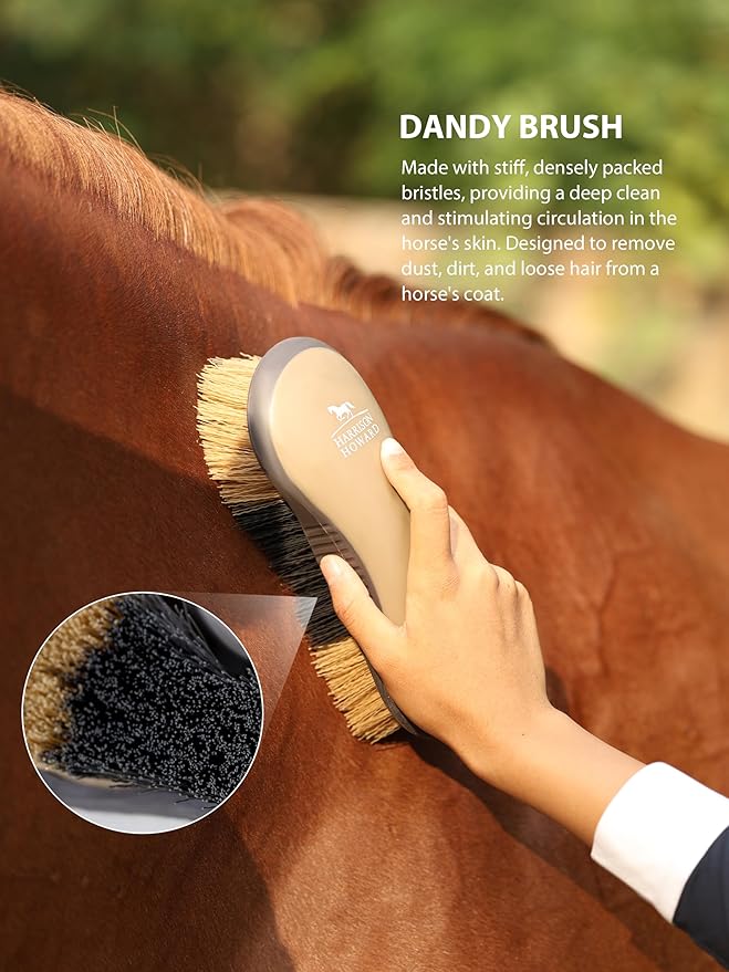 Harrison Howard 7 Pieces Horse Grooming Kit Horse Bathing Supplies Brushes for Grooming with Convenient Organizer Tote Brown
