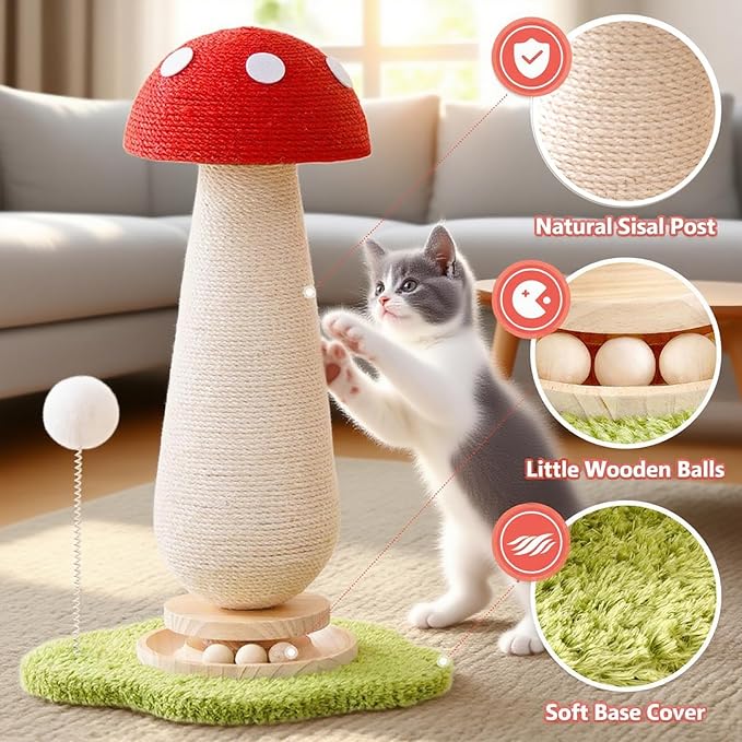 WLHYHHCute Mushroom Shaped Cat Scratching Post - Cat Toy with Ball Lane and Spring-Loaded Pom Poms - 21.25 Inch Tall Sisal Cat Scratching Post for Indoor Cats