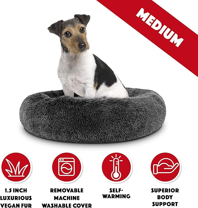 The Dog’s Bed Sound Sleep Donut Dog Bed, Med Steel Grey Fur Calming Nest Bed