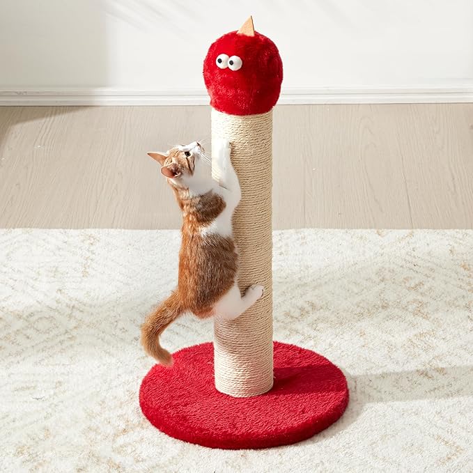 22" Cat Scratching Post, Sisal Cat Scratcher with Interactive Hanging Toy, Monster Scratch Pole for Indoor Cats, Cute Cat Scratch Post for Kittens & Large Cats, Red
