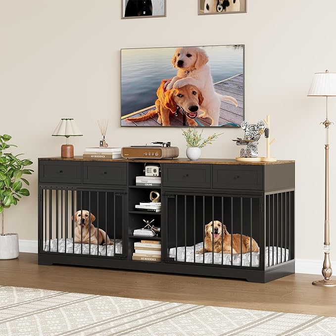 82??Double Dog Crate Furniture, Large Dog Kennel Indoor for 2 Dogs, Heavy Duty Wooden Dog Crate TV Stand with 4 Drawers and Shelves, Black