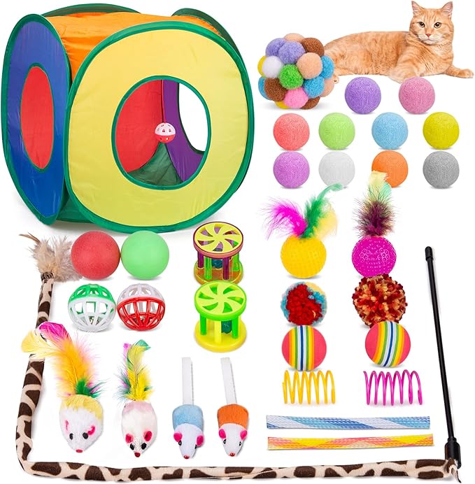 Retro Shaw Cat Toys Packs 33Pcs, Interactive Kitten Toys for Indoor Cats Kitty with Collapsible Play Tunnel Tube Tent Feather Wand Teaser Bell Fuzzy Ball Springs Mouse Toy