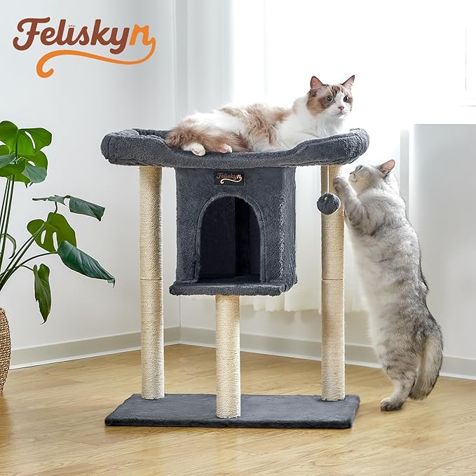 Small Cat Tree Tower for Indoor Large Cats, Cat Scratching Post with Big Perch Bed, 28in Tall Trees House with Condo Cave, Toy Balls, Modern Climbing Furniture Big Platform for Kitten (Dark Gray)
