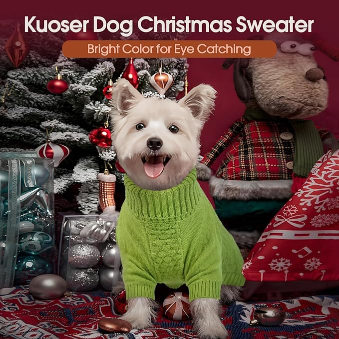 Kuoser Dog Sweater, Warm Winter Fall Turtleneck Knit for Large Dogs, Half Sleeves Dog Christmas Sweater for Girls Boys, Thick Thermal Pet Sweaters Cold Weather Pullover Clothes, Green XL