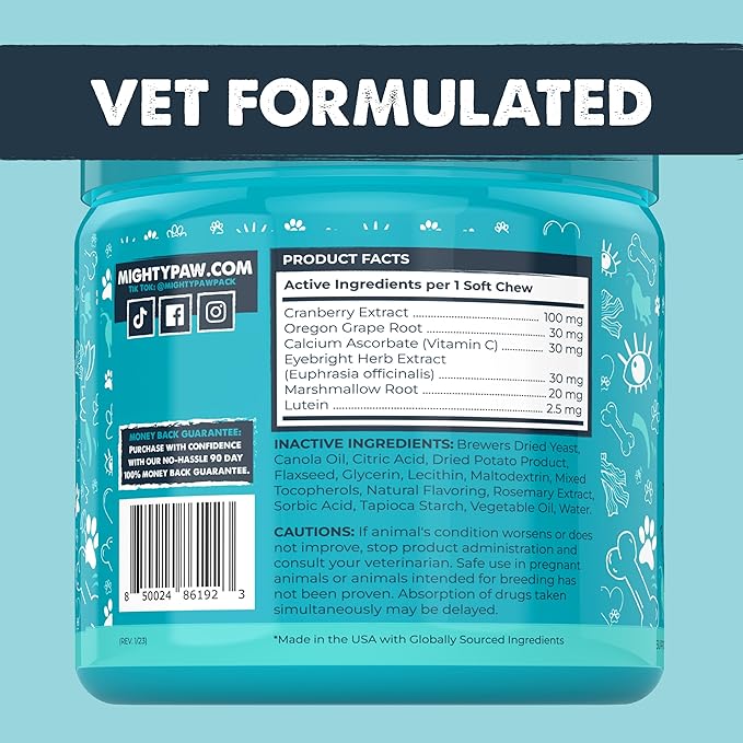 Mighty Paw Waggables Eyes (Made in USA) | Tear Stain Chews for Dogs. Vision and Tear Stain Support Supplements for Dogs. Lutein Supplement. Lubricates Eyes, Immune Support (120 Ct)