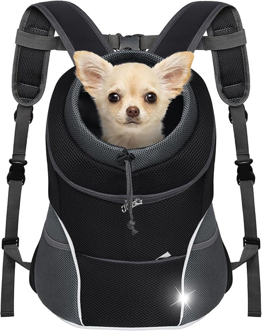 YUDODO Dog Front Carrier Backpack, Adjustable Breathable Pet Carrier for Small Dogs Cats, Ventilated Puppy Back Pack with Safety Belt, Lightweight Doggy Backpack for Hiking Outdoor (Black, Large)