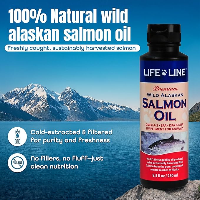Life Line Wild Alaskan Salmon Oil for Dogs & Cats | Omega-3 Fish Oil with DHA & EPA | Skin & Coat Support | Brain, Heart & Eye Health – 8.5 oz
