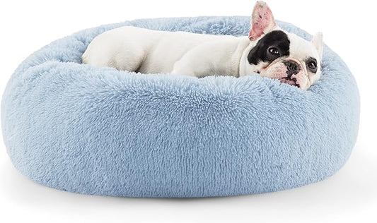 Bedsure Calming Dog Bed for Small Dogs - Donut Washable Small Pet Bed, Round Anti-Slip Fluffy Plush Faux Fur Large Cat Bed, Fits up to 25 lbs Pets, Light Blue, 23 inches