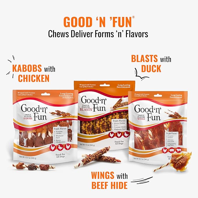 Good ‘n’ Fun Triple Flavor Wings Chews for All Dogs, 12 Ounces, Treat Your Dog to Long-Lasting Chews Made with Chicken, Pork Hide and Beef Hide