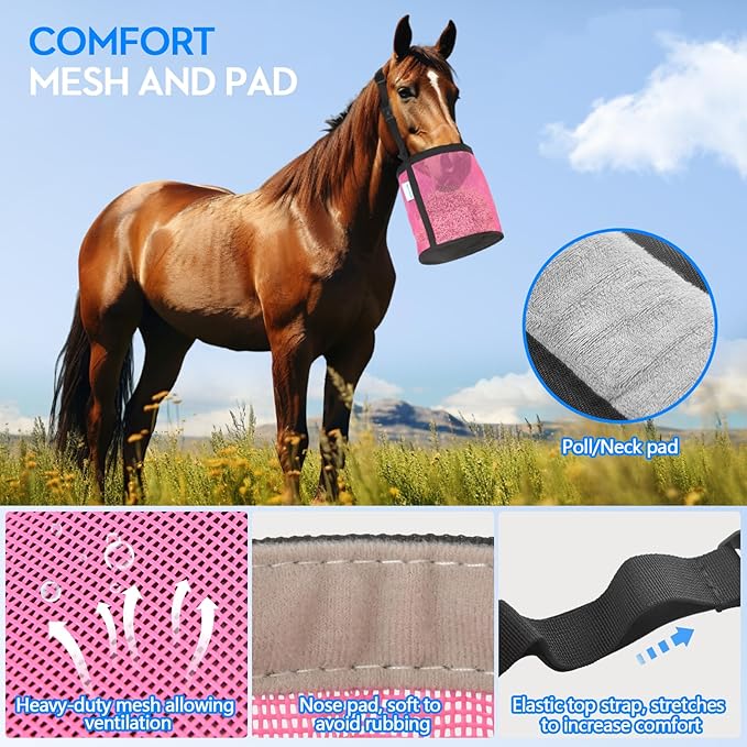Horse Feed Bag Pack of 2, Feed Bags for Horses with Ventilation Mesh, Comfort Nose Pad Neck Pad, Adjustable Strap, Spill Proof Design for Independent Feeding Grain, Supplements (Pink)