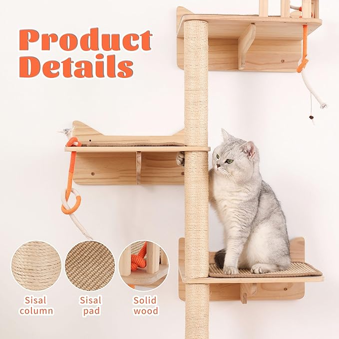 KVIDA Cat Wall Shelves for Large Cats – 7PCS Solid Wood Wall-Mounted Cat Tree with 3 Sisal Posts, Wide Perches & Lookout Tower, Space-Saving Climbing Furniture for Indoor Homes