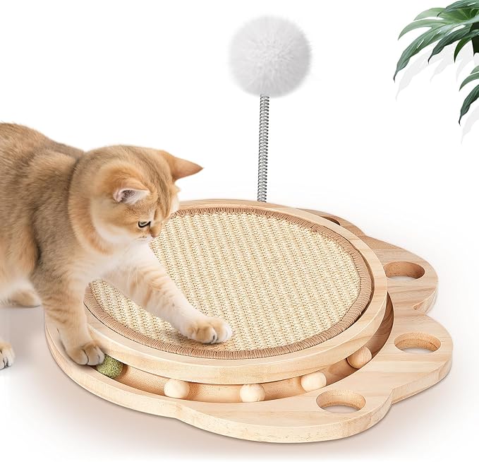 Cat Scratcher with Natural Sisal Pad, 3-in-1 Cat Scratching Board, 2-Tier Kitten Toys with Wooden Ball Track & Spring Ball -No Assembly Cats Activity Center, for Indoor and Outdoor