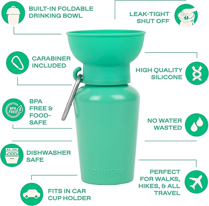 Springer by Springland Flip Portable Dog Water Bottle with Foldable Food Grade Silicone Bowl - 20 Ounce Travel Dog Water Bottle Ideal for Camping - Easy Squeeze Hydration & Release to Drain