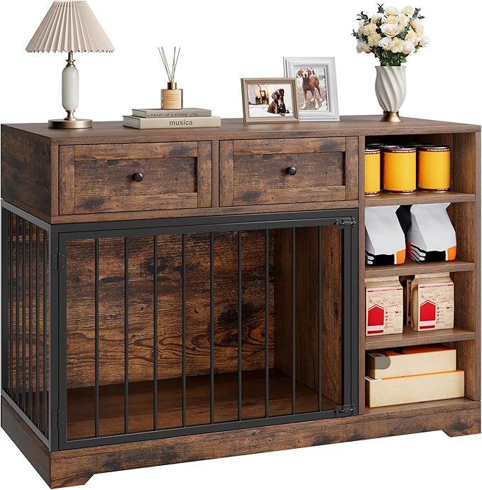 Dog Crate Furniture 47?? Large Dog Crate TV Stand with 2 Drawers and 4 Shelves, Wooden Dog Kennel Indoor, Decorative Dog Cage with Storage for Large Dogs, Brown