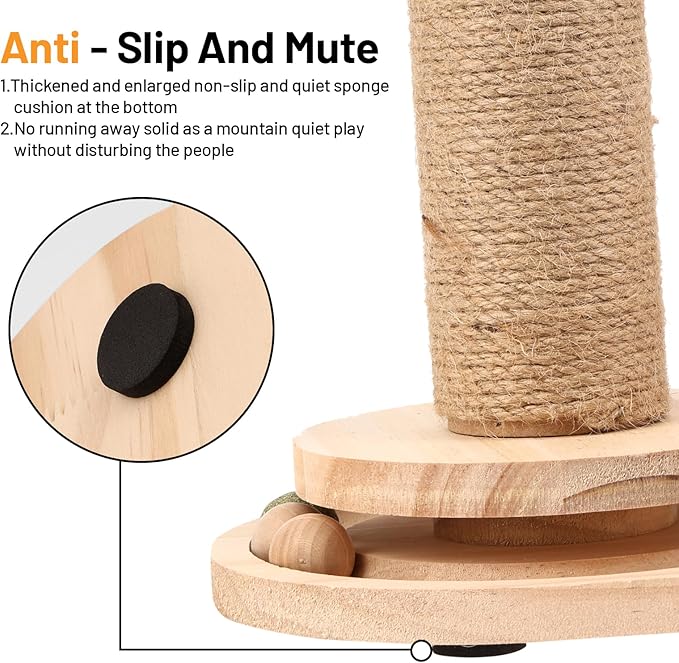 Sisal Scratching Post for Cat Kitten Small Cat Scratcher with Cat Food Feeder，Interactive Toy,Hanging Ball,Wooden 2 Level Track