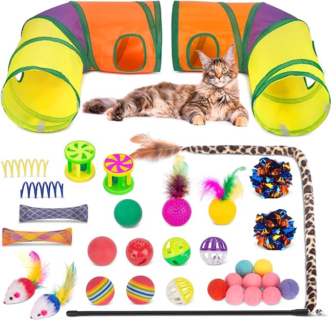 Retro Shaw Cat Toys Pack with Tunnels, Interactive Kitten Toys for Indoor Cats Kitty, Kitten Tube Tent Feather Wand Teaser Bell Fuzzy Ball Crinkly Springs Mouse (33 Pcs Large Cat Tunnel Toys Set)