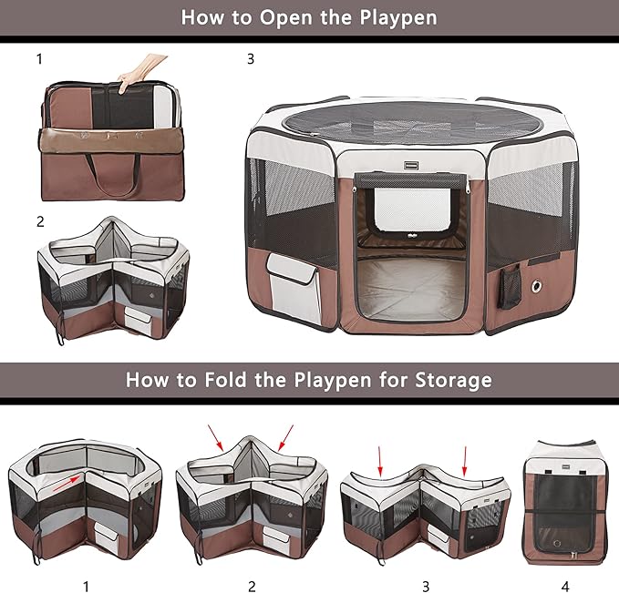 DONORO Dog Playpen 46" Portable Pet Play Pens for Small Medium Dogs, Foldable Exercise Kennel Tent Crate Indoor/Outdoor Travel Camping, Removable Top/Bottom (Brown, Large (46"x46"x23"), 8)
