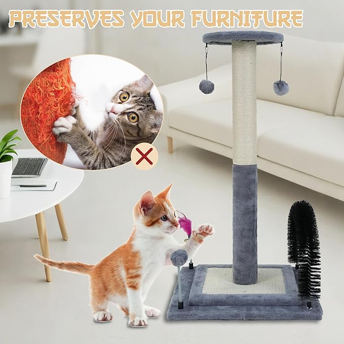 ROYPET Multifunctional Cat Scratching Posts for Indoor Kittens,Cat Scratching Posts for Play and Activity,Scratching Posts with Feather Toys, Hanging Balls and Self-Grooming Brush,Grey
