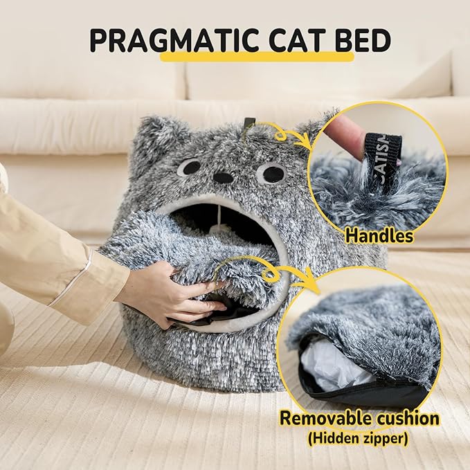CATISM Cat Bed for Indoor Cats - Cat Bed Cave Washable, Soft Plush, Removable Pillow, Non-Slip Base, Large Cave for Kitty
