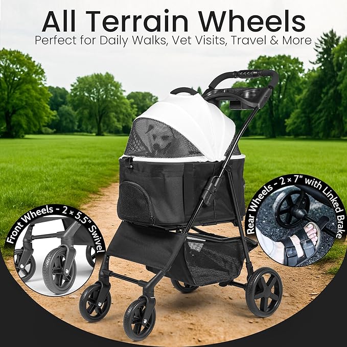 3-in-1 Foldable Pet Stroller for Dogs and Cats up to 33lbs Capacity – Premium Dog Stroller with Removable Carrier Storage Basket, All-Terrain Wheels, Sun Shades and Car Seat