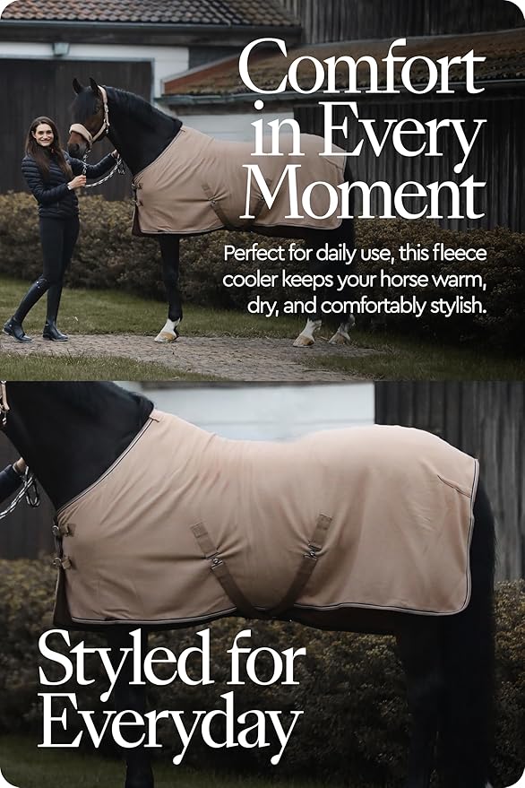 HORZE Kiel Fleece Horse Cooler Blanket | Quick-Dry Fleece Horse Cooler Sheet with X-Surcingles & Tail Cord - Tan - 81 in