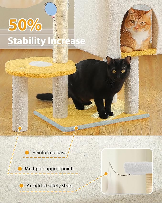Cute Cat Tree - 35.4" Cloud Cat Tower for Indoor Cats w/Large Top Bed, Comfy Hammock for Kittens, Flower Platform, Cat Scratching Post, and Dangling Ball, White